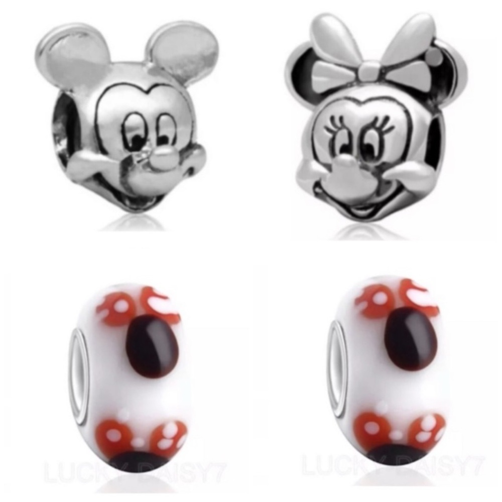 Mickey Mouse & Minnie Mouse Head Icon & Murano Bead Charm Bundle. 4 Charms